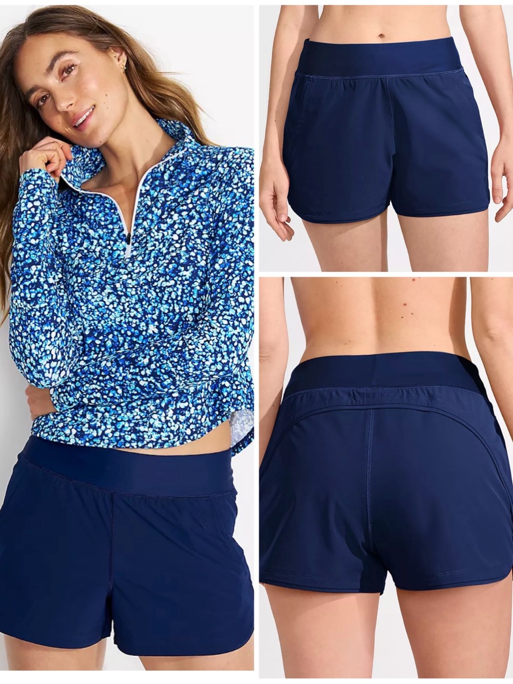 NWT Lands End 5" UPF 50 High Waisted Swim Shorts Pockets Navy Blue Size XL